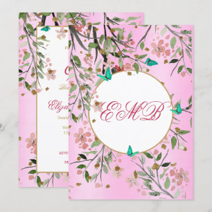 Invitation 90ème Floral Pink Chic Élégant Monogramme Annivers