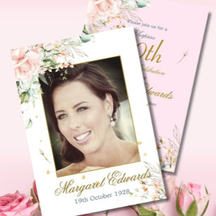 Invitation 90ème Floral Rose Pink Gold Elegant Photo Annivers
