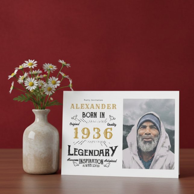 Invitation 90th Birthday 1936 Legend White & Gold Photo (Born 1936 party invitation)