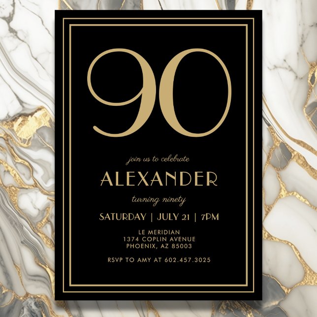 Invitation 90th Birthday Black and Gold Modern Minimal Adult (Elegant black and gold 90th birthday invitation design for him or her.)