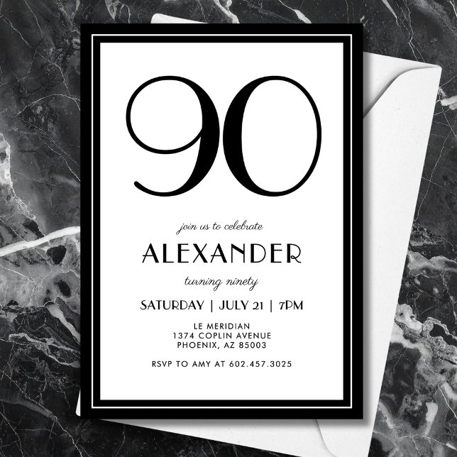 Invitation 90th Birthday Black and White Modern Minimalist  (Modern black and white birthday style—minimalist typography for a timeless 90th.)