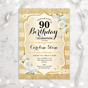 Invitation 90th Birthday - Gold Stripes White Roses