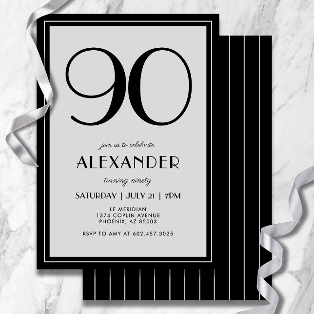Invitation 90th Birthday Modern Minimalist Mens Black Gray (Modern black and light gray design—minimal, bold, and effortlessly stylish.)