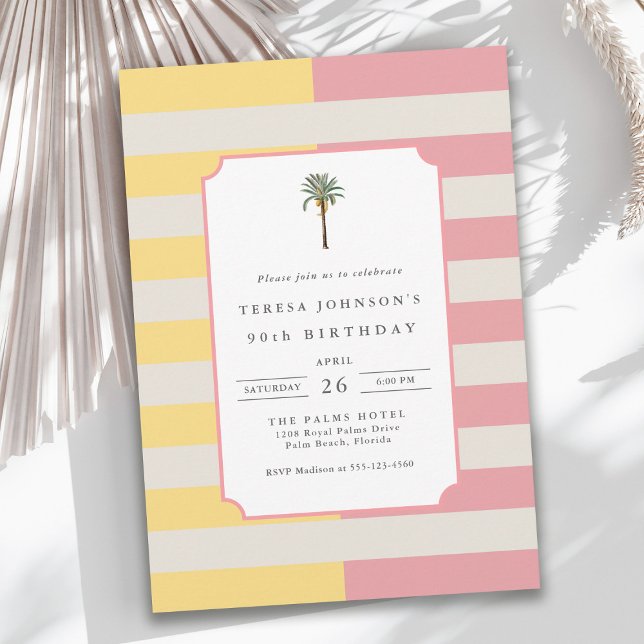 Invitation 90th Birthday Palm Beach Pastel Stripe Tropical (Créateur téléchargé)
