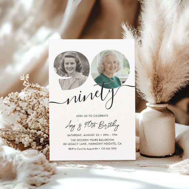 Invitation 90th Birthday Party Elegant 2 Photo Birthday (Créateur téléchargé)