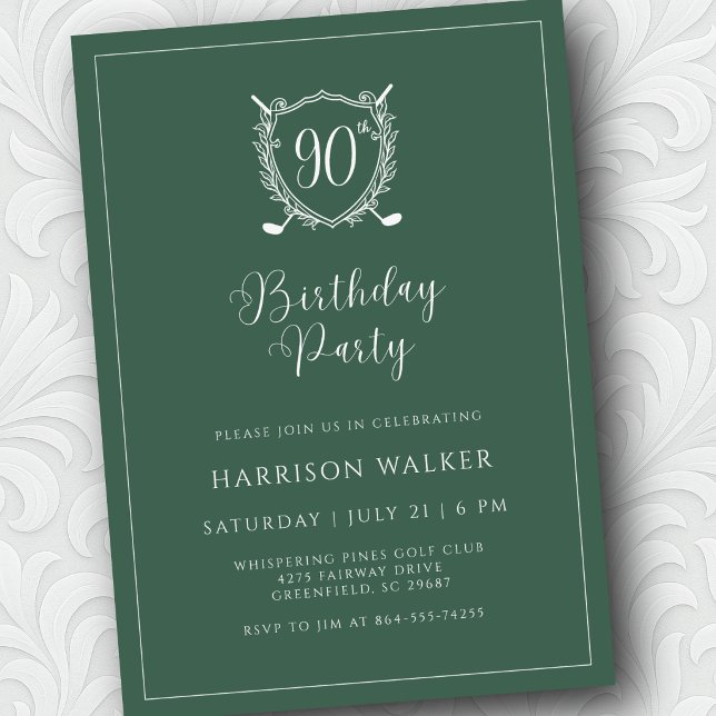 Invitation 90th Birthday Party Golf Crest Elegant Script Sage (Easy to personalize in minutes.)