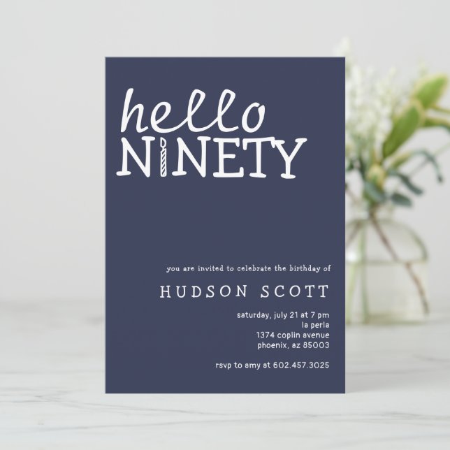 Invitation 90th Birthday Party Mens Hello Ninety Navy Blue (Debout devant)