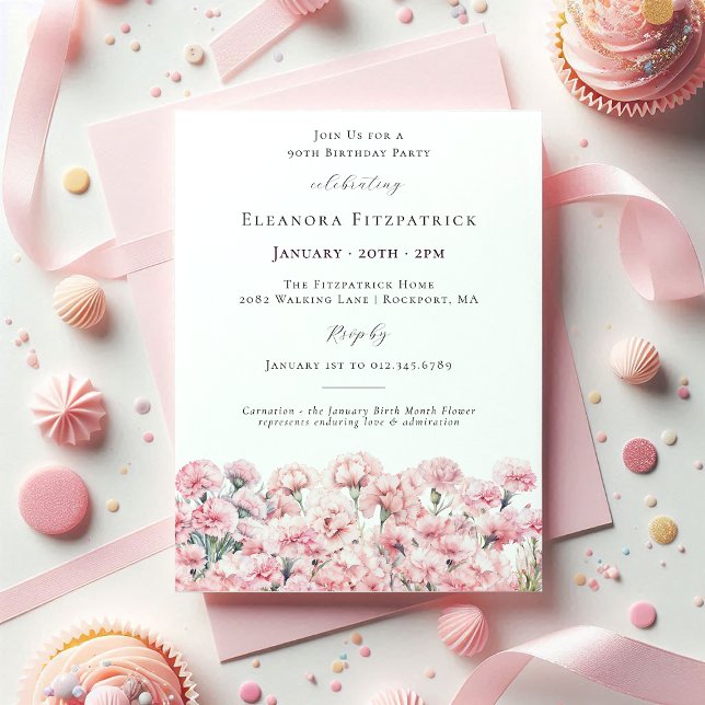 Invitation 90th Birthday Pink Carnation January Birth Flower (Créateur téléchargé)