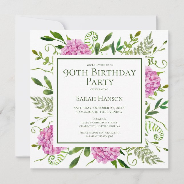 Invitation 90th Birthday Pink Hydrangeas Card Request  (Devant)