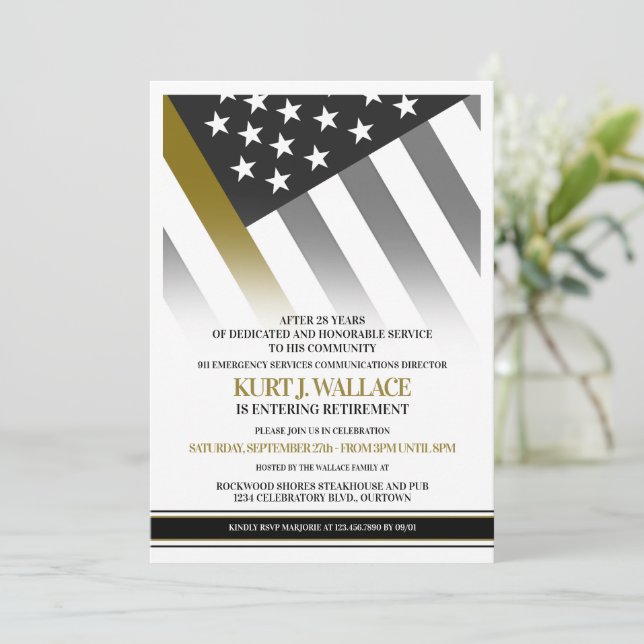 Invitation 911 Dispatch Thin Gold Line Flag Retraite Party (Debout devant)