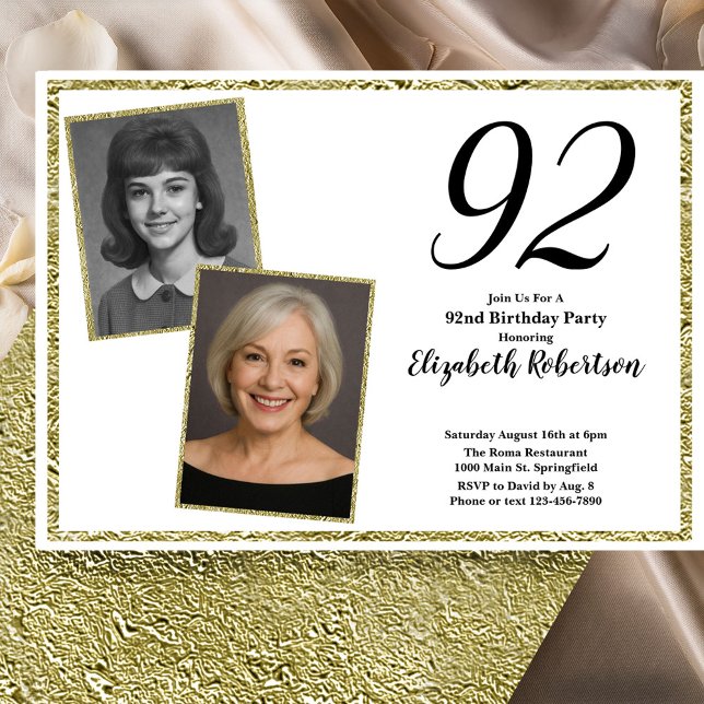 Invitation 92e Photo personnalisé blanc et or  (Créateur téléchargé)