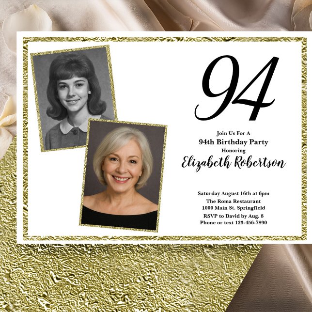 Invitation 94th Custom Photo White and Gold  (Créateur téléchargé)