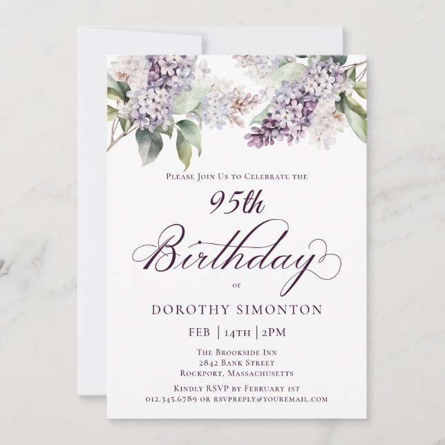Invitation 95e anniversaire Purple Spring Fleur Lilac (Devant)
