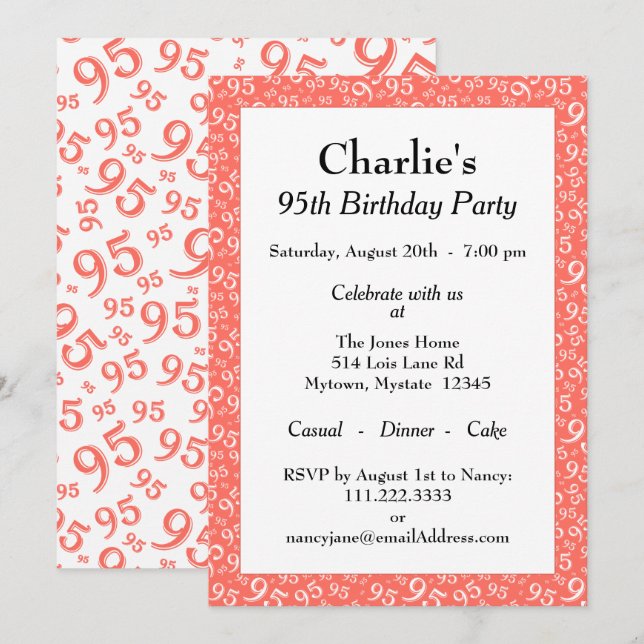 Invitation 95e anniversaire Random Numéro Motif Coral/Blanc (Devant / Derrière)