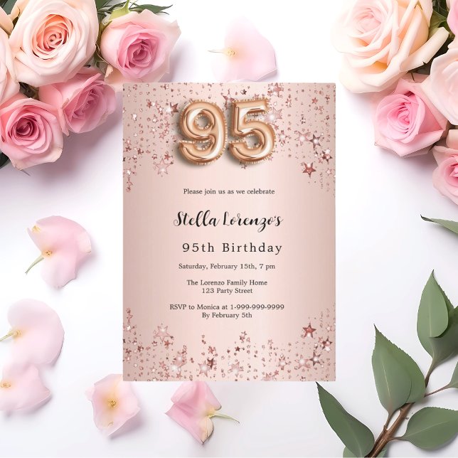 Invitation 95e anniversaire rose or rose étoiles luxe (Créateur téléchargé)