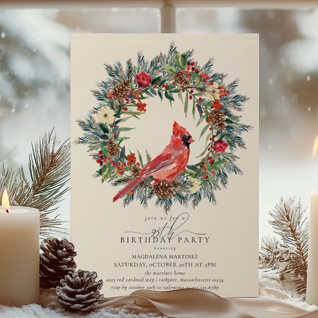 Invitation 95th Birthday Party Red Cardinal Winter Wreath (Créateur téléchargé)