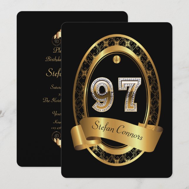 Invitation 97e anniversaire, homme de fête, couleur élégante (Devant / Derrière)