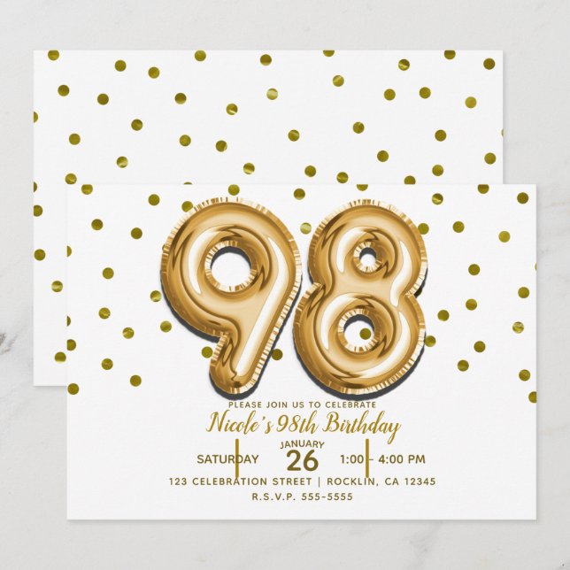 Invitation 98 Gold Balloons & Confetti 98e fête d'anniversair (Devant / Derrière)