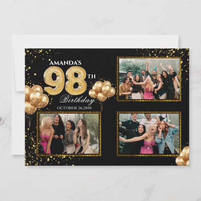 Invitation 98 th Birthday Gold Silver Black Balloons (Devant)