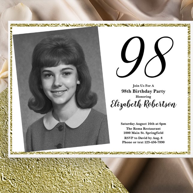 Invitation 98th Custom Photo White and Gold  (Créateur téléchargé)