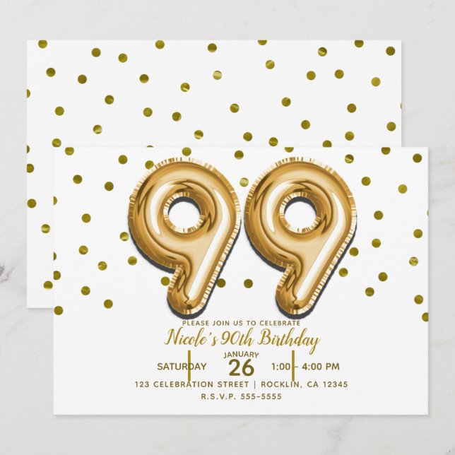 Invitation 99 Ballons Dorés & Confettis Fête d'anniversaire 9 (Devant / Derrière)
