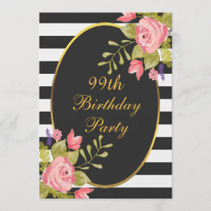 Invitation 99e anniversaire Floral Black White Stripes Gold F