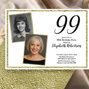 Invitation 99e Photo personnalisé blanc et or