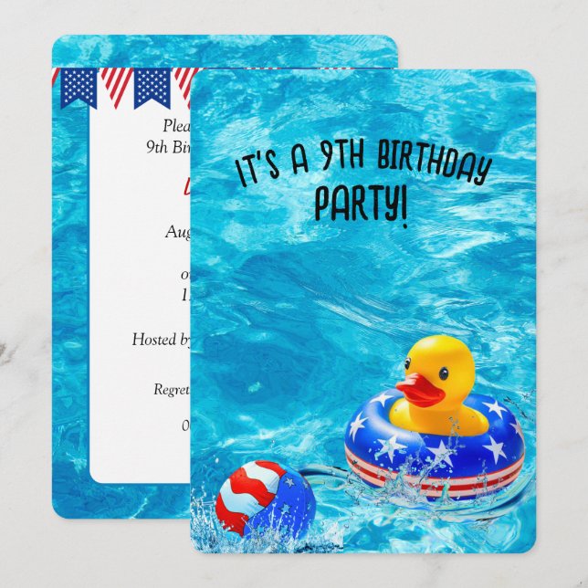 Invitation 9 Anniversaire Piscine Party avec canard jaune (Devant / Derrière)