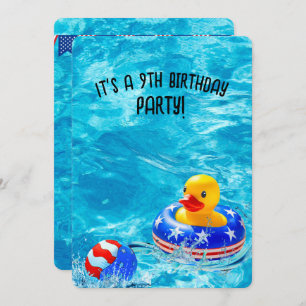 Invitation 9 Anniversaire Piscine Party avec canard jaune