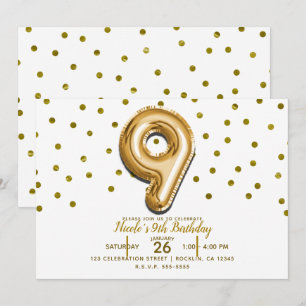 Invitation 9 Ballons en or numéro 9 Confettis Fête d'annivers