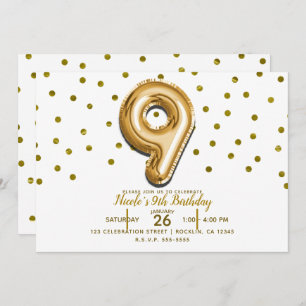 Invitation 9 Neuf Confetti de ballons d'or 9e fête d'annivers