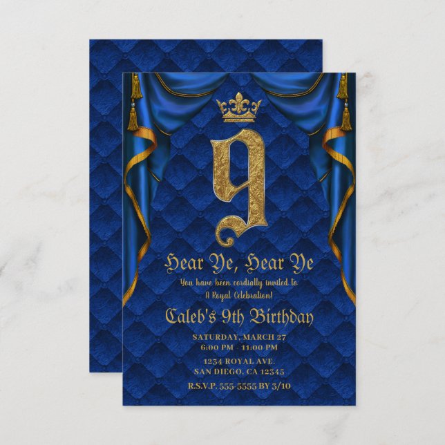 Invitation 9E 9 fête d'anniversaire Royal Blue Gold Crown (Devant / Derrière)