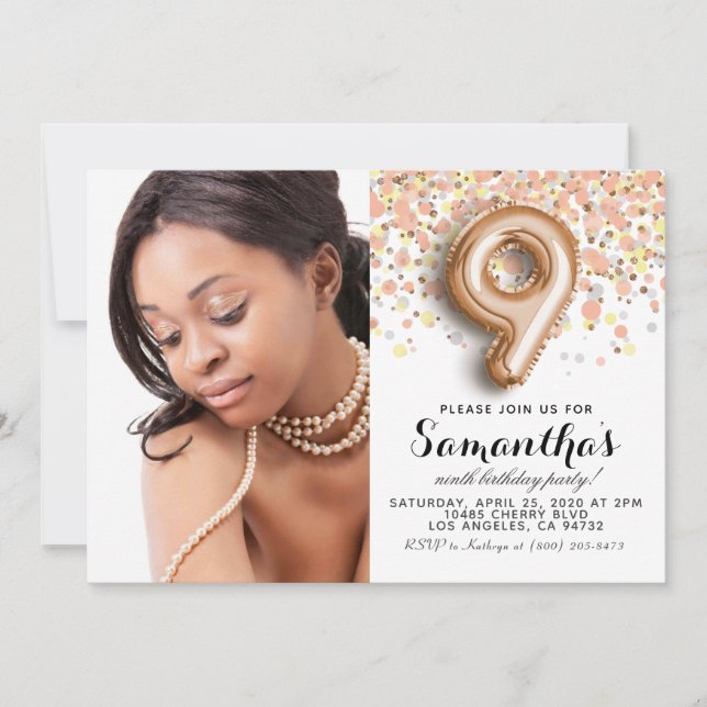 Invitation 9e anniversaire Confetti Gold Portrait (Devant)