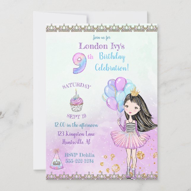 Invitation 9e anniversaire fille princesse Cupcake Ballons (Devant)
