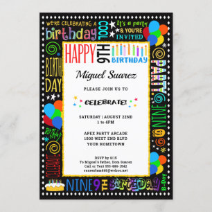 Invitation 9e anniversaire Fun Couleur Crazy Texte sur Black 