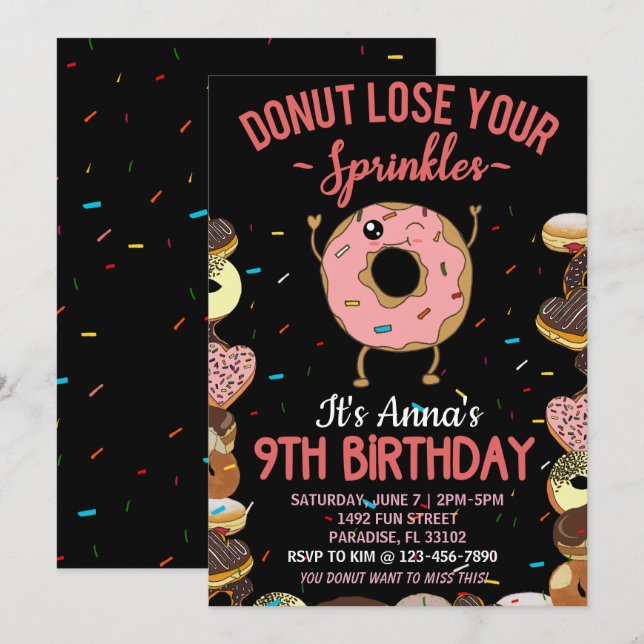 Invitation 9e Anniversaire Ne Perds Pas Tes Paillettes Filles (Devant / Derrière)