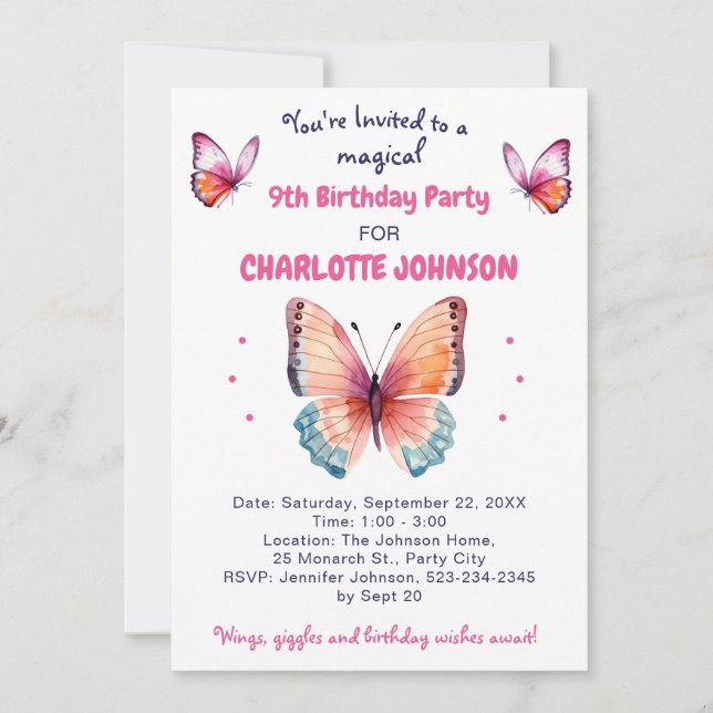 Invitation 9e Anniversaire pour fille avec de jolis papillons (Devant)
