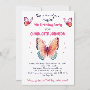 Invitation 9e Anniversaire pour fille avec de jolis papillons