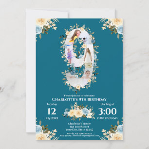 Invitation 9e anniversaire Turquoise Fleur photo Collage bleu