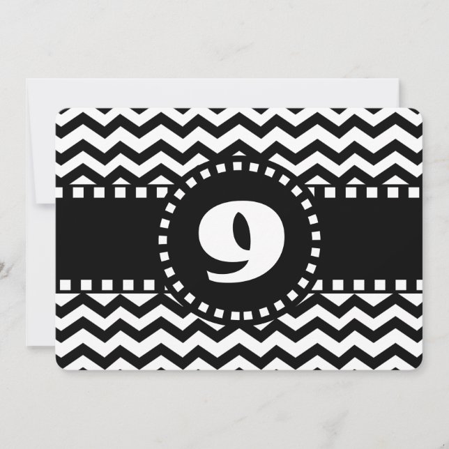 Invitation 9e fête d'anniversaire Chevron noir et blanc W09B (Devant)