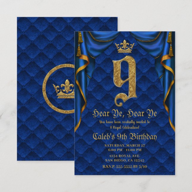 Invitation 9ème Fête d'anniversaire 9 ans Couronne royale ble (Devant / Derrière)