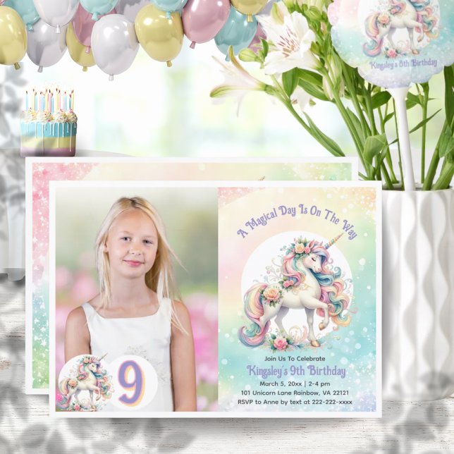 Invitation 9ème Unicorne Anniversaire Pastel Radiant Rainbow (9th Ninth Unicorn Birthday Pastel Radiant Rainbow Invitation)