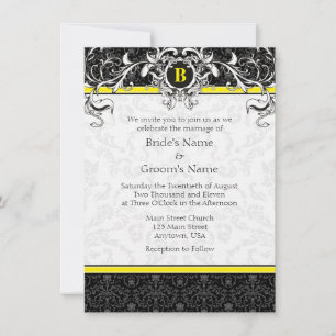 Invitation A6 Jaune et Noir Damas Monogramme Mariage Invite