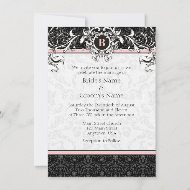 Invitation A6 Mariage de monogramme rose et noir Damas (Devant)