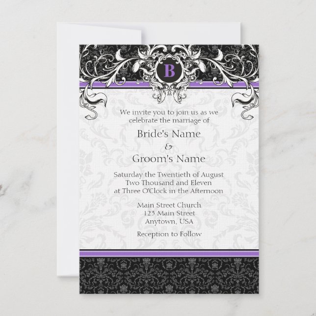Invitation A6 Mariage de monogrammes pourpres et noirs pour l (Devant)