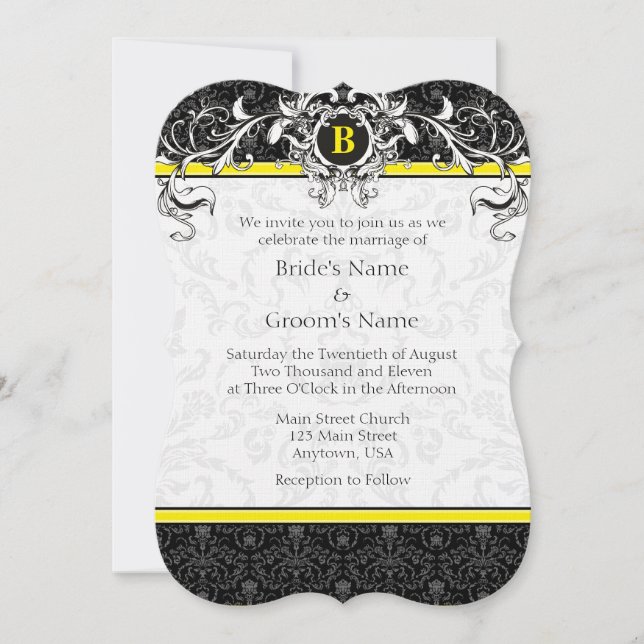Invitation A7 Jaune et Noir Damas Monogramme Mariage Invite (Devant)