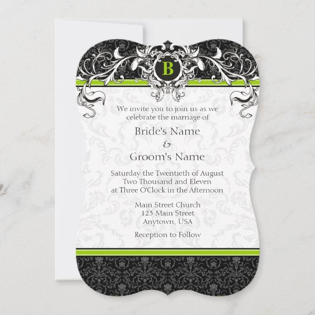 Invitation A7 Lime Green Noir Damas Monogramme Mariage Invite (Devant)