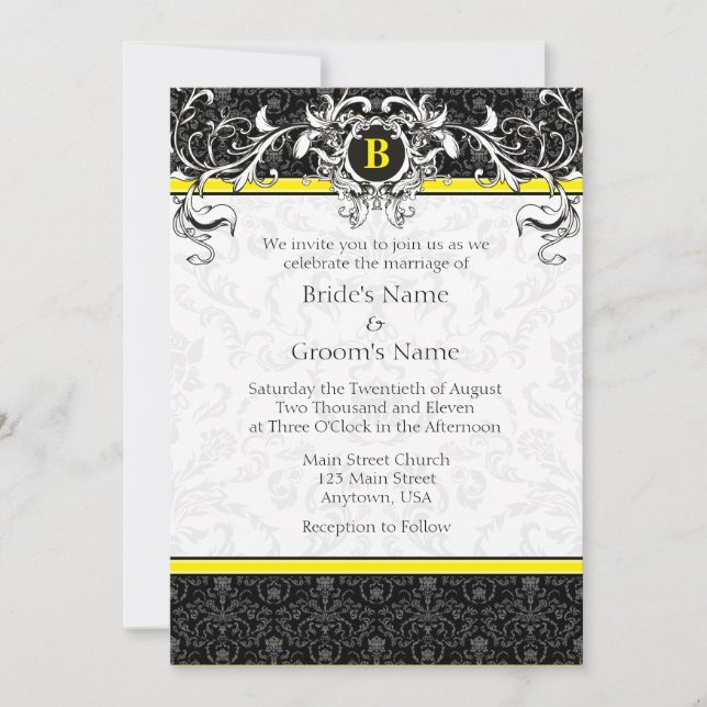Invitation A7 Mariage de monogrammes jaunes et noirs pour les (Devant)