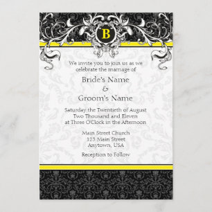 Invitation A7 Mariage de monogrammes jaunes et noirs pour les