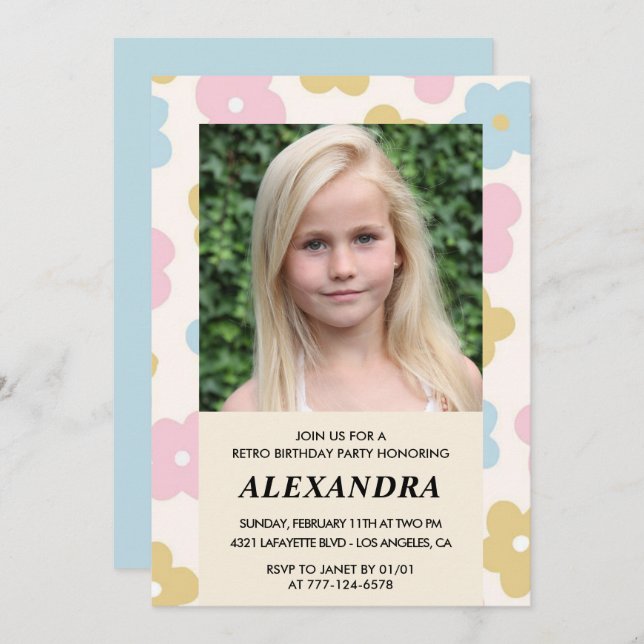 Invitation à 11e anniversaire Fleurs Super rétro m (Devant / Derrière)